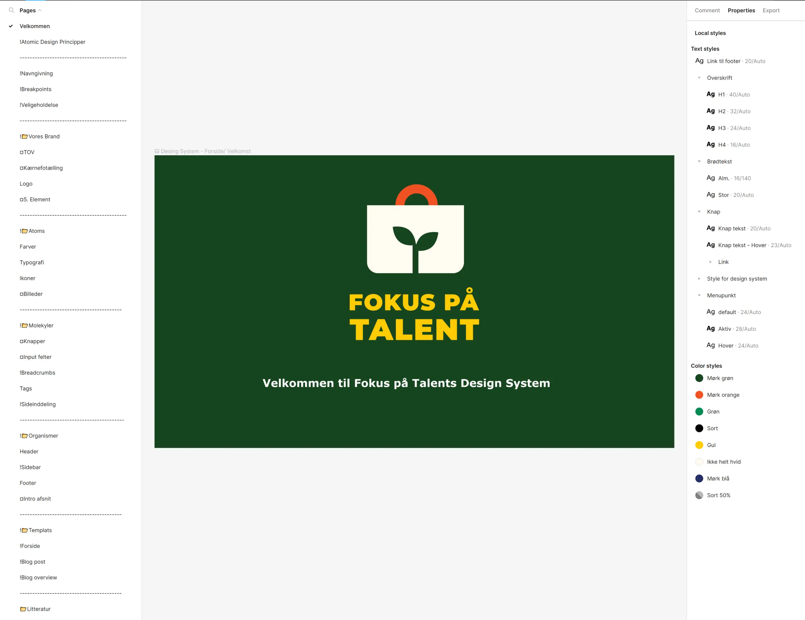 Billedet viser navigation på højre og venstre side og i midten er der Fokus på Talents logo og en besked om at man er velkommen til deres design system