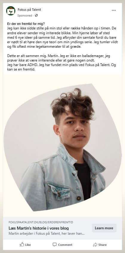 Billedet viser et screenshot af et SoMe opslag fra Fokus på Talents som er en historie om en af de unge der arbejder der.